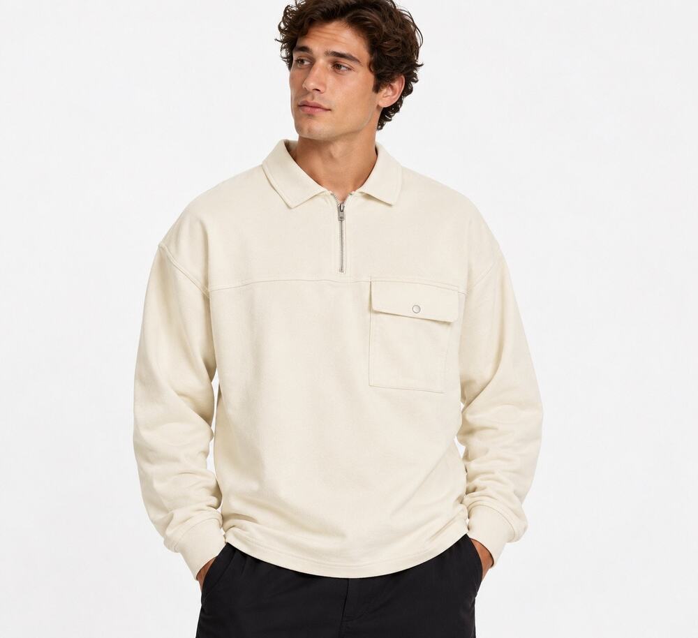 ASOS Design Men’s XL Cream Utility Polo Sweatshirt Quarter Zip Pocket Cotton